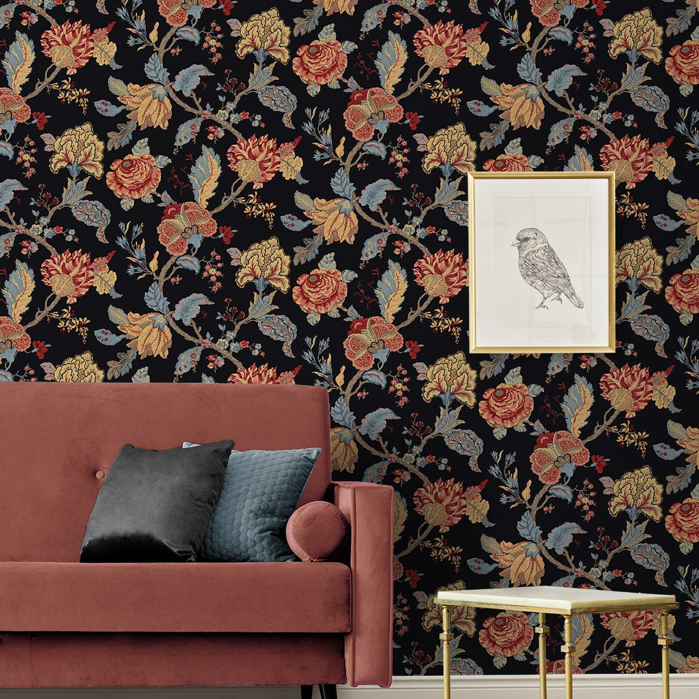 NW50200 Jacobean floral peel and stick wallpaper living room from NextWall