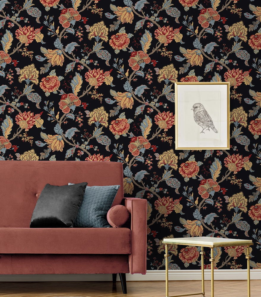 NW50200 Jacobean floral peel and stick wallpaper living room from NextWall