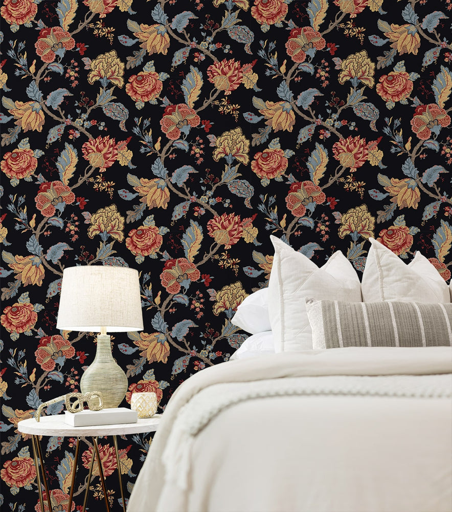 NW50200 Jacobean floral peel and stick wallpaper bedroom from NextWall