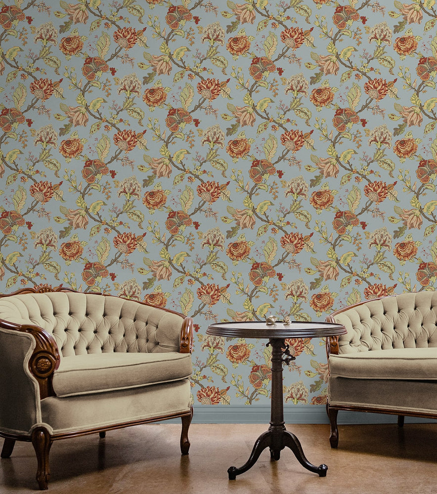 NW50202 Jacobean floral peel and stick wallpaper living room from NextWall