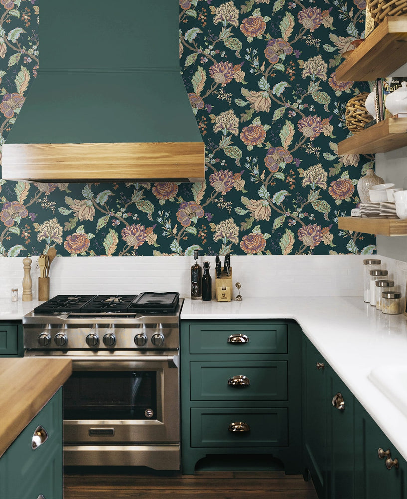 NW50204 Jacobean floral peel and stick wallpaper kitchen from NextWall