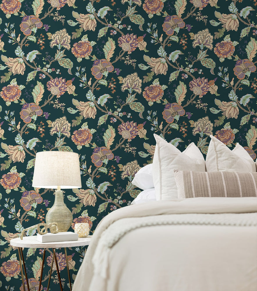 NW50204 Jacobean floral peel and stick wallpaper bedroom from NextWall