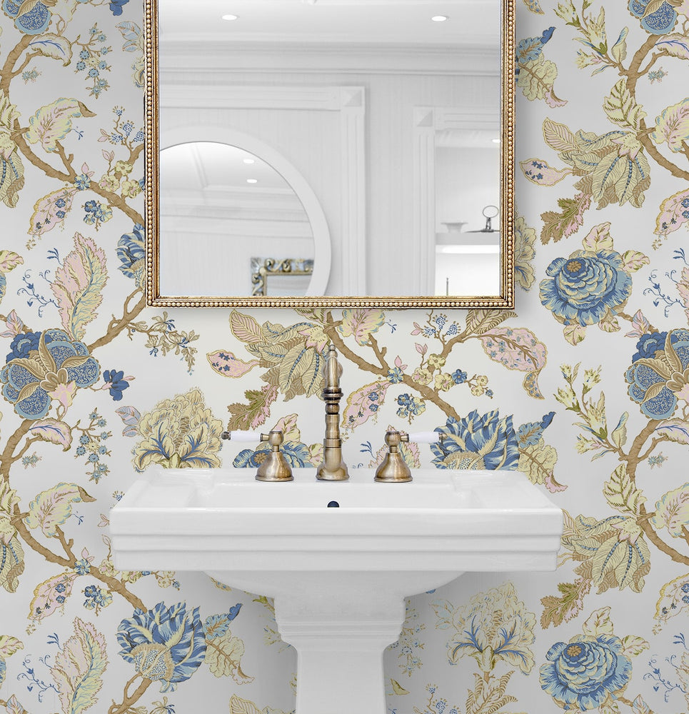 NW50205 Jacobean floral peel and stick wallpaper bathroom from NextWall
