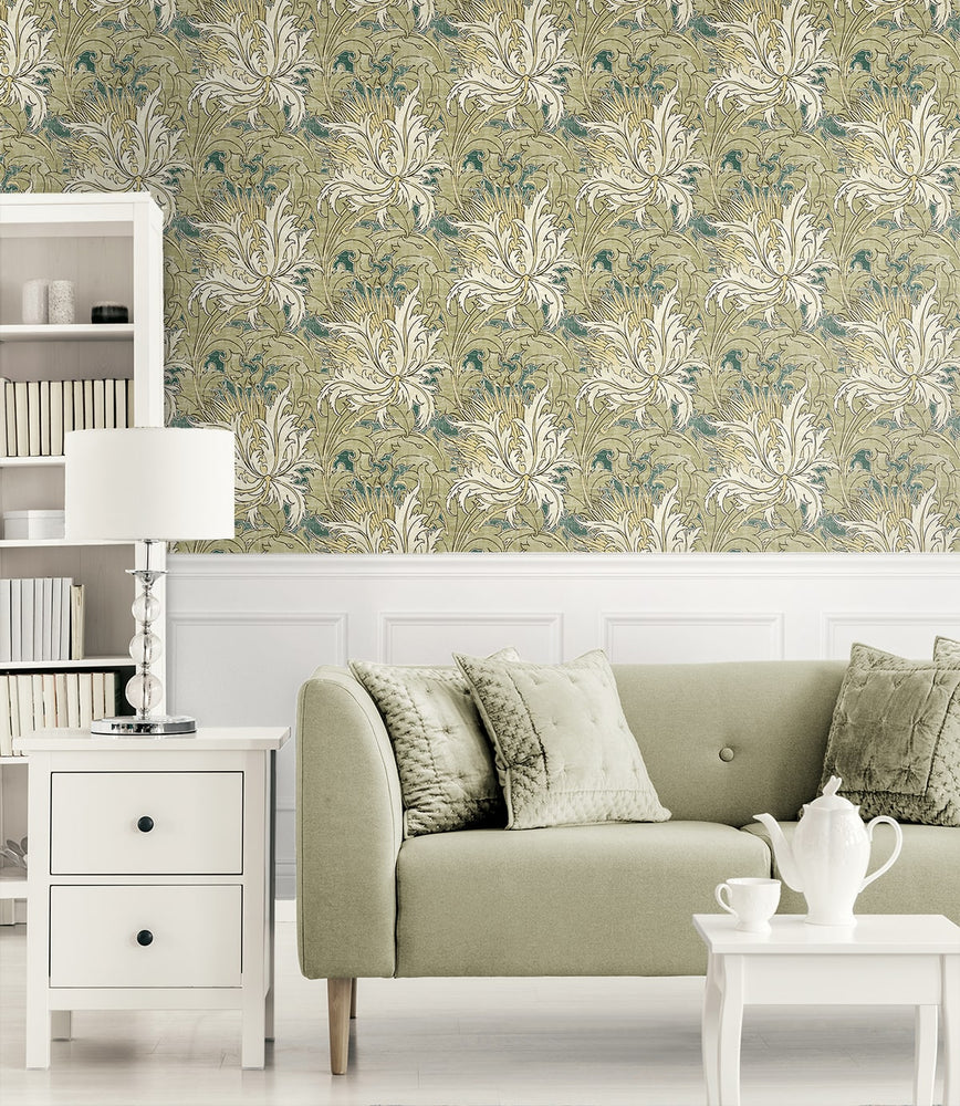 NW50704 vintage floral peel and stick wallpaper living room from NextWall