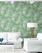 NW51904 palm leaf peel and stick wallpaper living room from NextWall