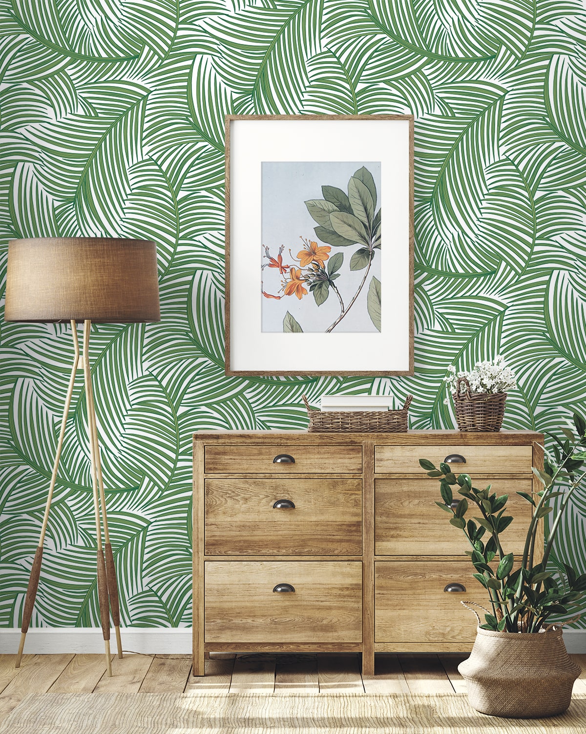 NW51904 palm leaf peel and stick wallpaper entryway from NextWall