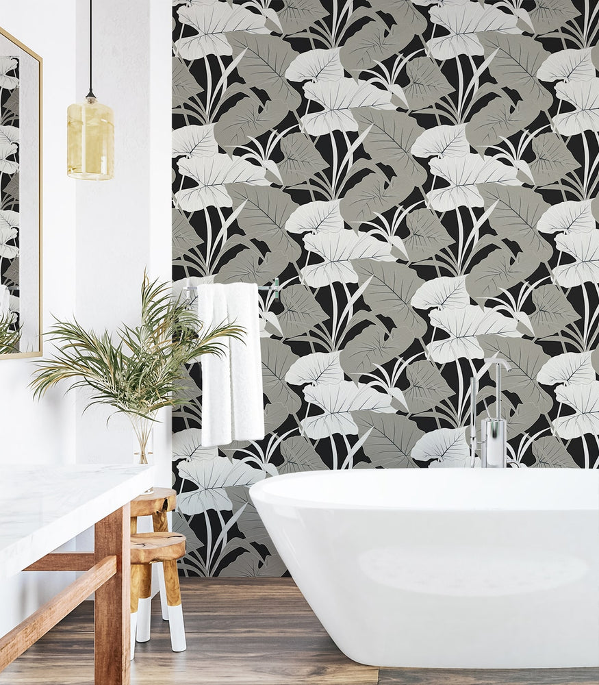 NW52000 elephant leaf peel and stick wallpaper bathroom from NextWall