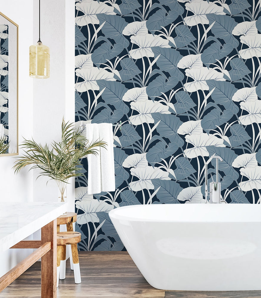 NW52002 elephant leaf peel and stick wallpaper bathroom from NextWall