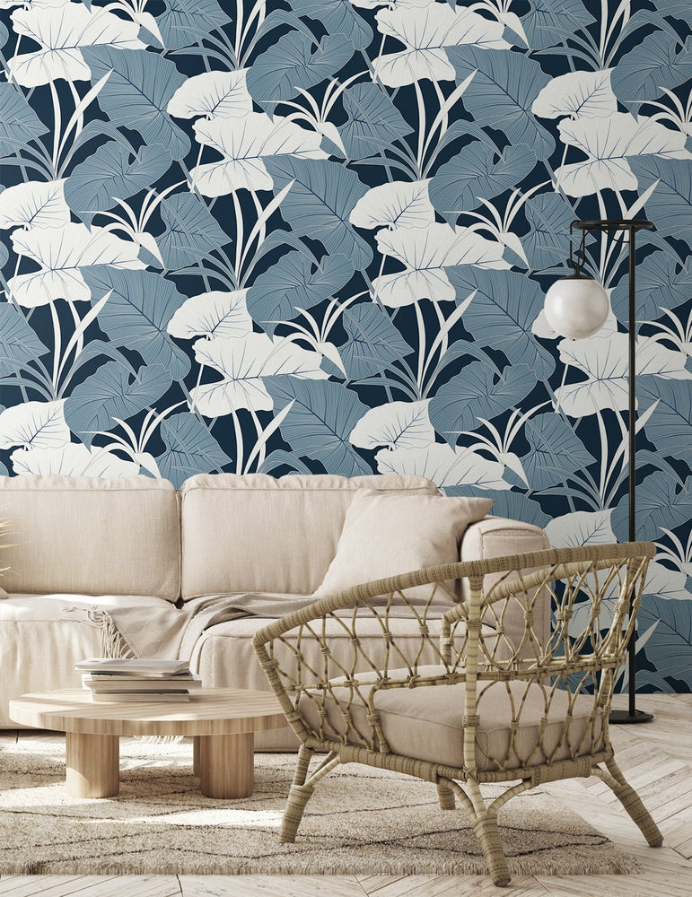 NW52002 elephant leaf peel and stick wallpaper living room from NextWall