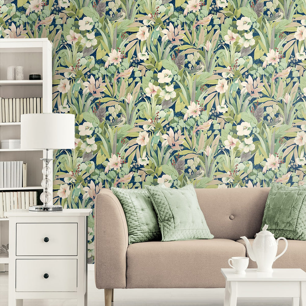 NW52502 bird garden peel and stick wallpaper living room from NextWall