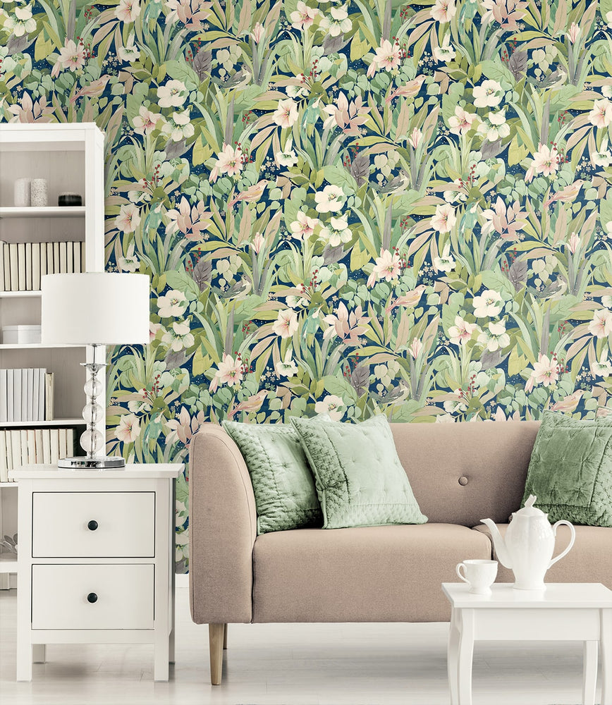 NW52502 bird garden peel and stick wallpaper living room from NextWall
