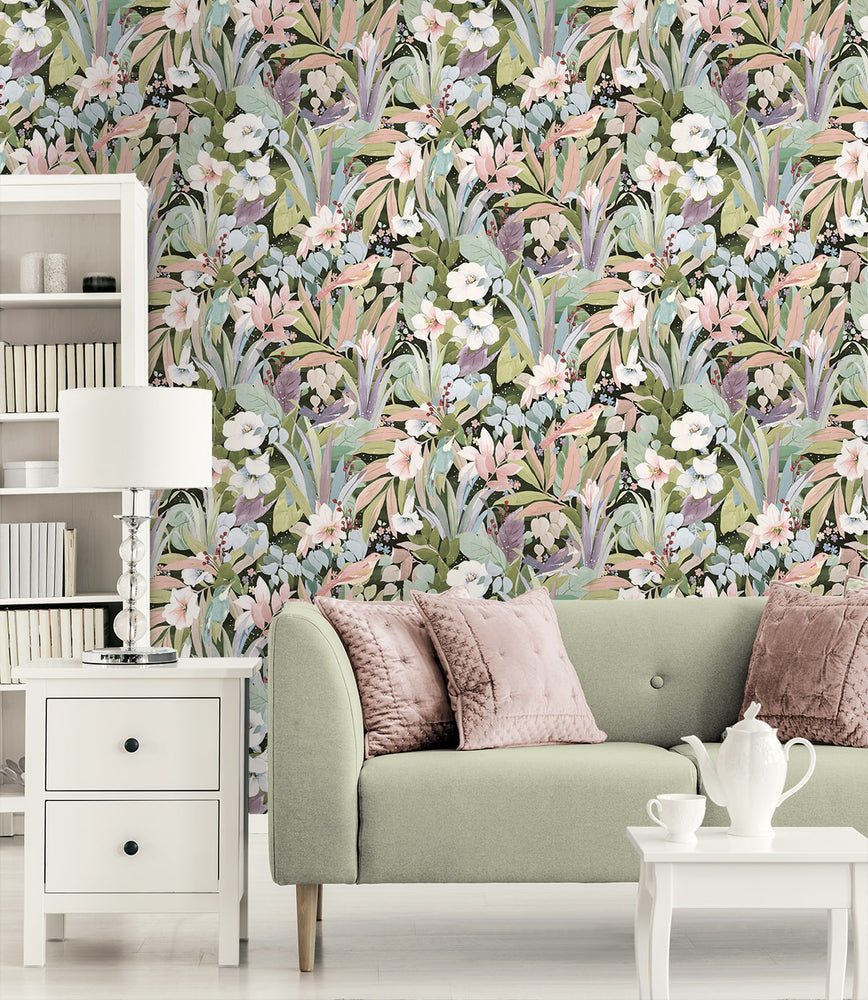 NW52505 bird garden peel and stick wallpaper living room from NextWall