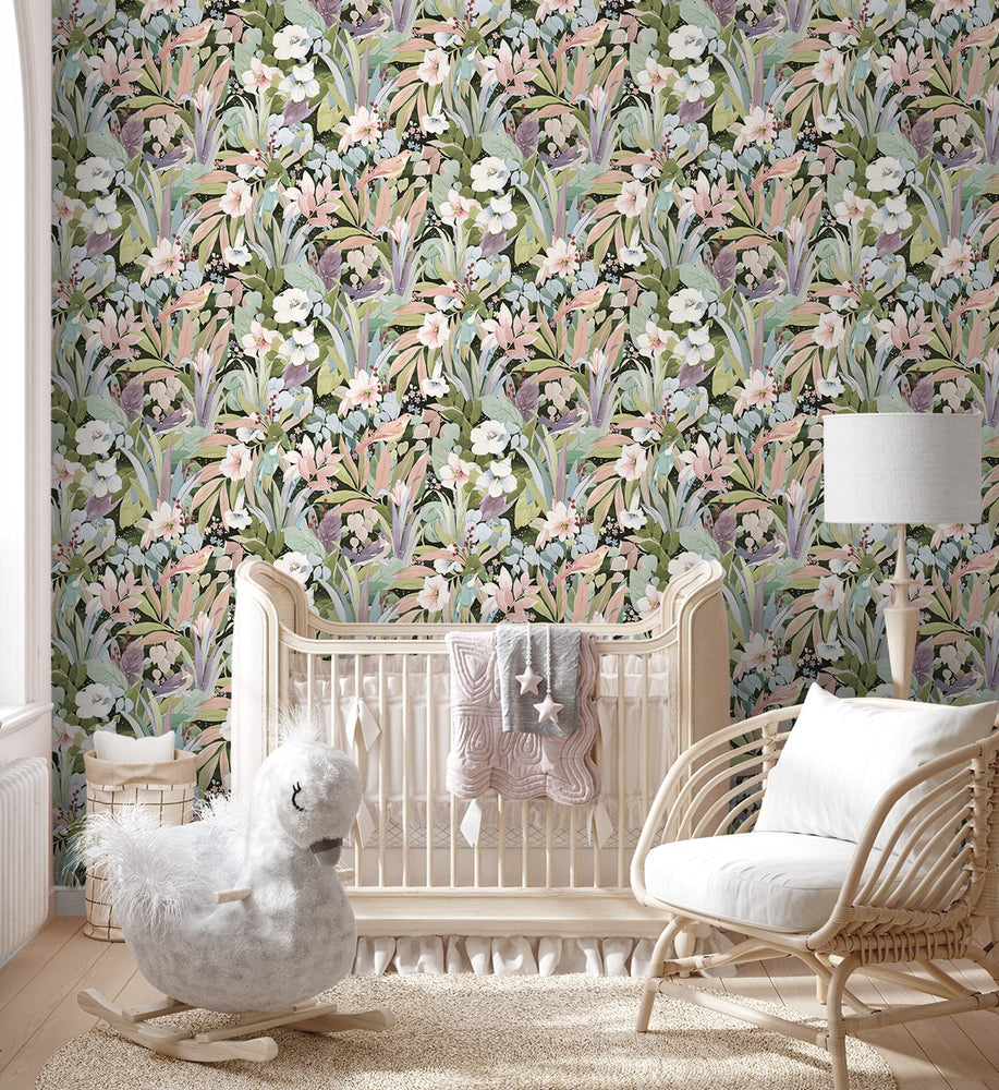 NW52505 bird garden peel and stick wallpaper nursery from NextWall