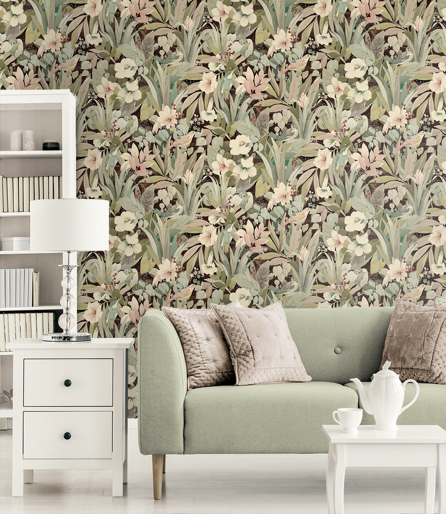 NW52506 bird garden peel and stick wallpaper living room from NextWall