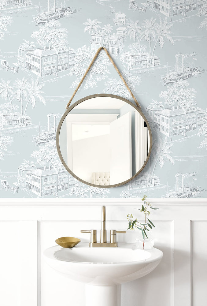 NW53702 toile peel and stick wallpaper bathroom from NextWall