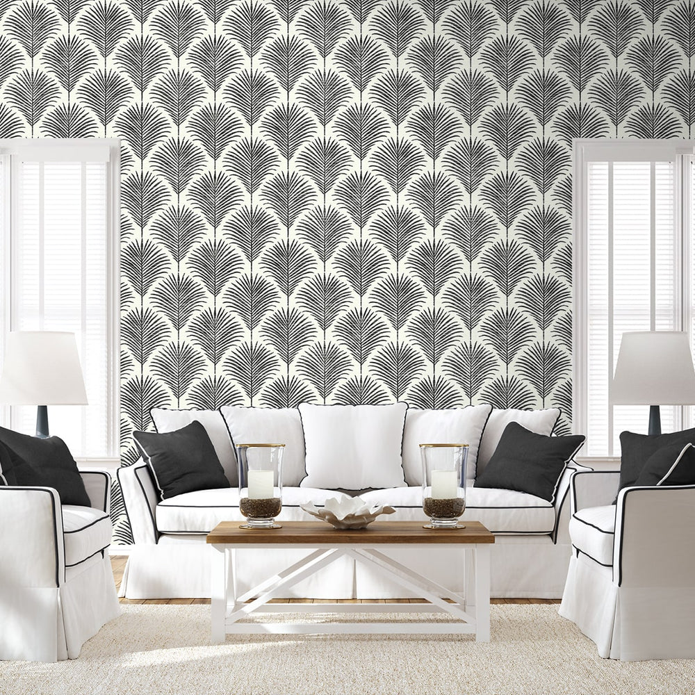 NW53800 palm leaf peel and stick wallpaper living room from NextWall