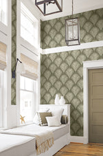 NW53805 palm leaf peel and stick wallpaper bedroom from NextWall