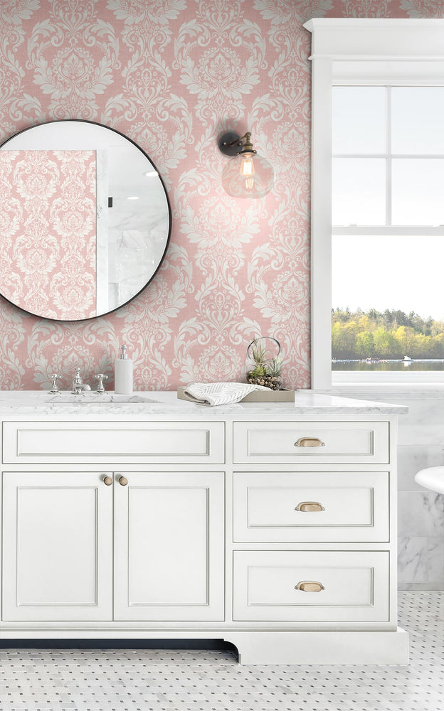 NW54801 damask peel and stick wallpaper master bathroom from NextWall