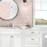 NW54801 damask peel and stick wallpaper master bathroom from NextWall