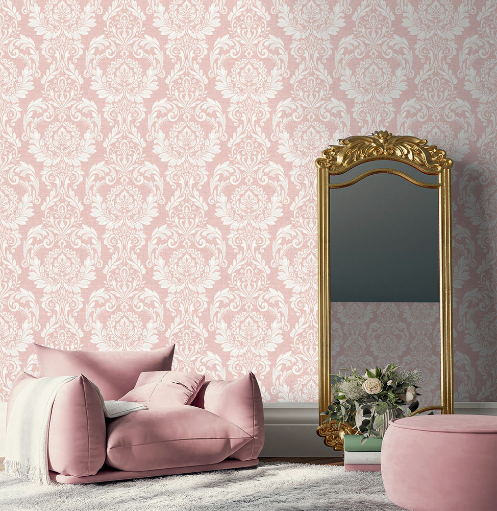 NW54801 damask peel and stick wallpaper living room from NextWall