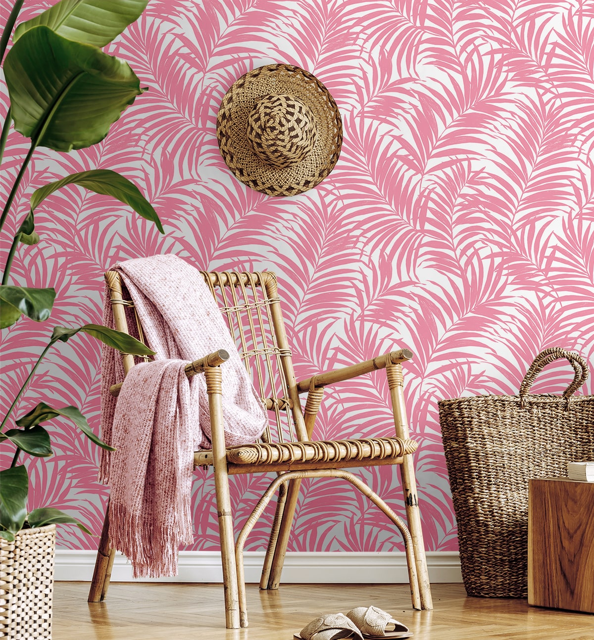 NW54901 palm leaf peel and stick wallpaper living room from NextWall