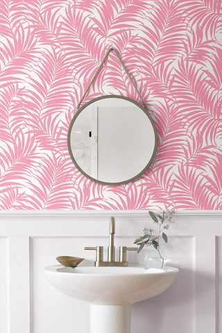 NW54901 palm leaf peel and stick wallpaper bathroom from NextWall