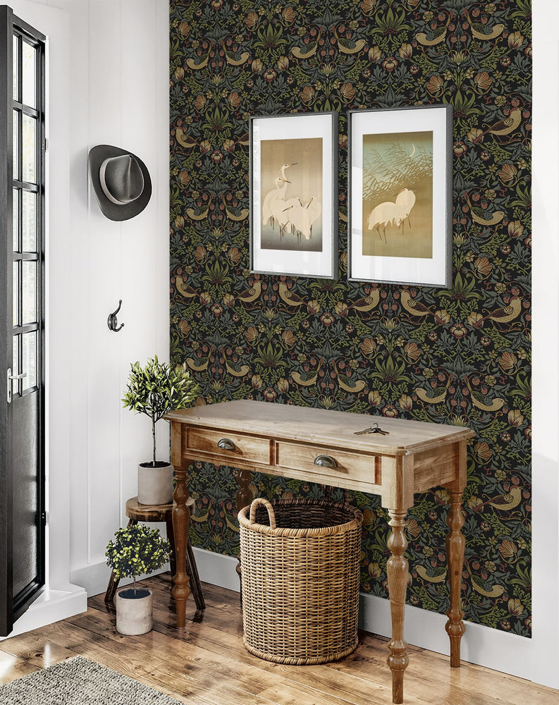 NW55401 vintage strawberry garden peel and stick wallpaper entryway from NextWall
