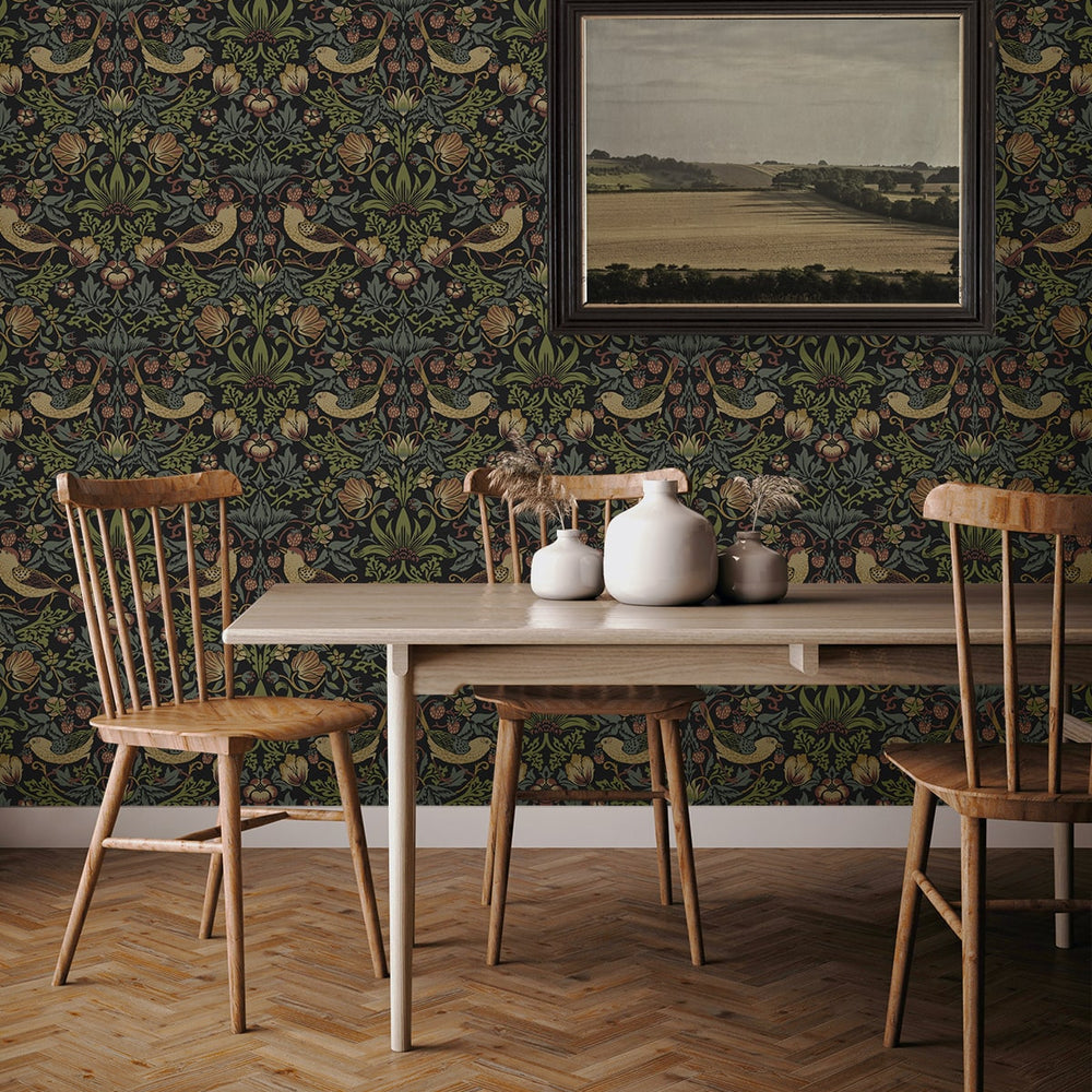 NW55401 vintage strawberry garden peel and stick wallpaper dining room from NextWall