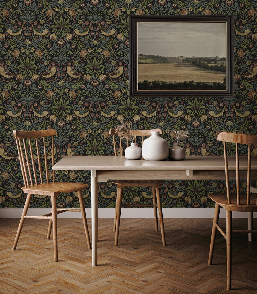 NW55401 vintage strawberry garden peel and stick wallpaper dining room from NextWall