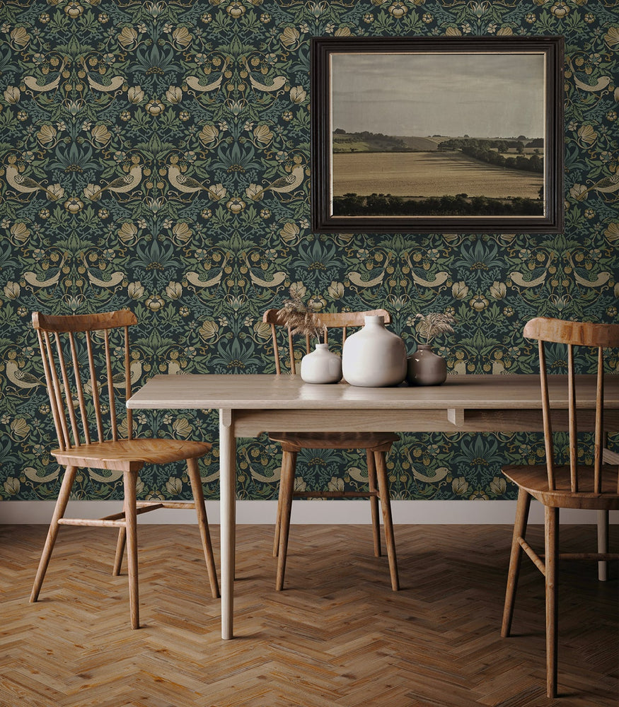 NW55402 vintage strawberry garden peel and stick wallpaper dining room from NextWall