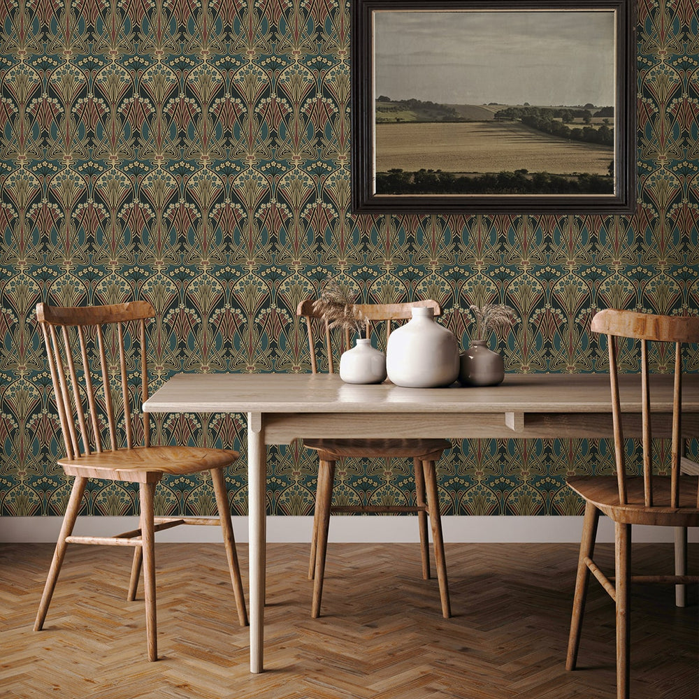 NW55501 vintage deco dragonfly peel and stick wallpaper dining room from NextWall