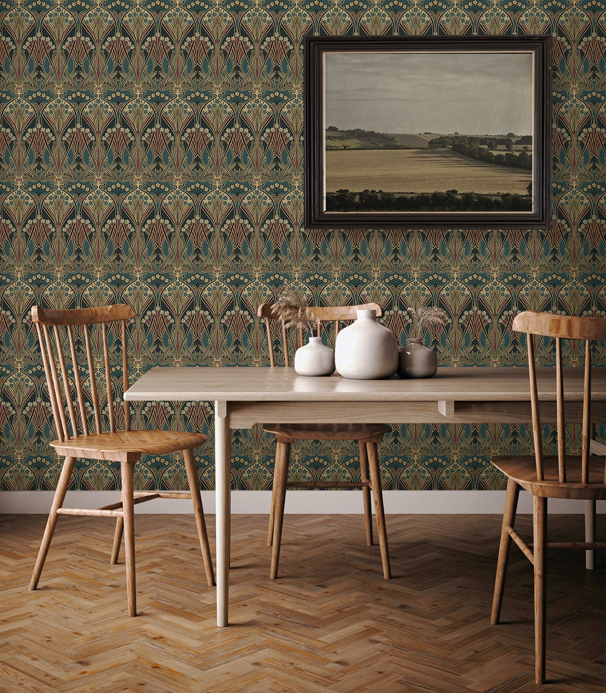 NW55501 vintage deco dragonfly peel and stick wallpaper dining room from NextWall