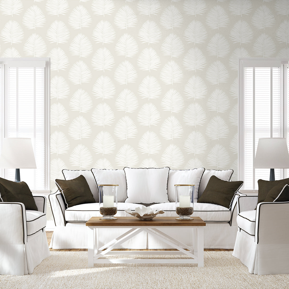 NW57100 palm leaf coastal peel and stick wallpaper living room from NextWall