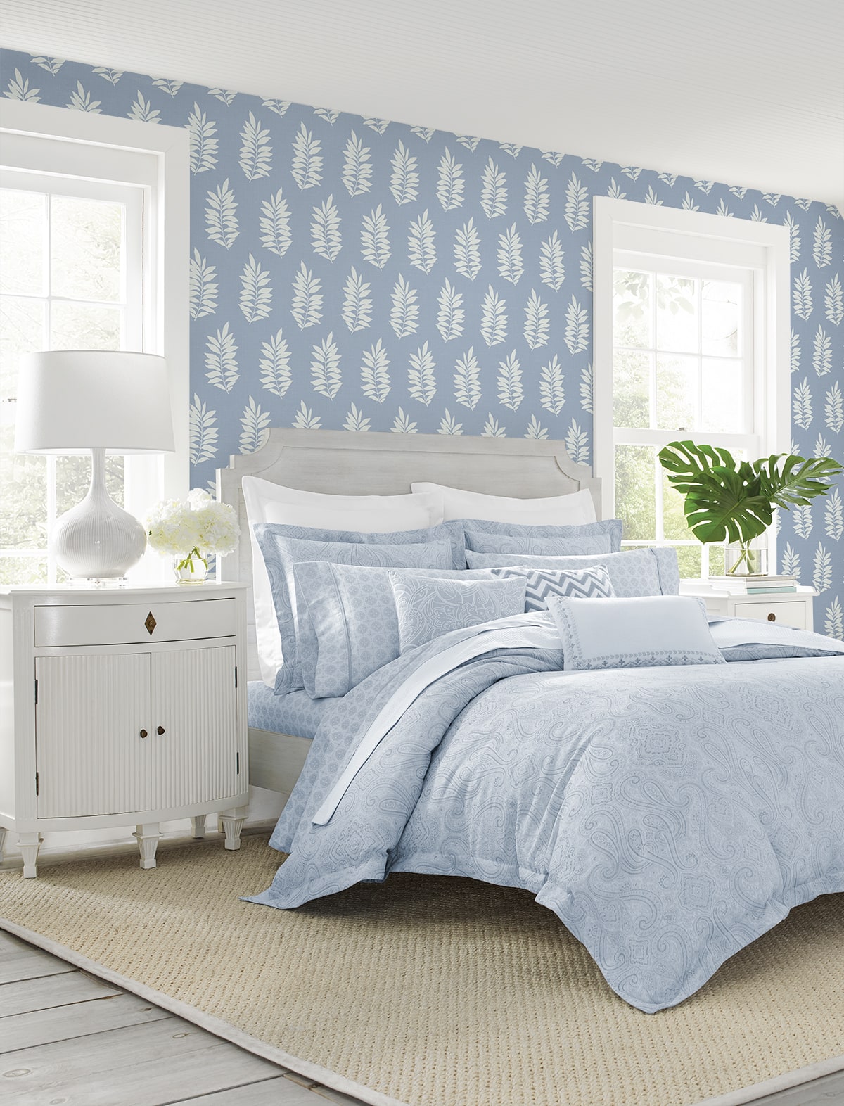 NW57202 Pinnate leaf coastal peel and stick wallpaper bedroom from NextWall