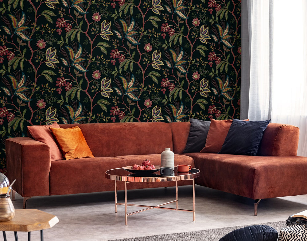 NW57900 Forest Flourish botanical peel and stick wallpaper living room from NextWall