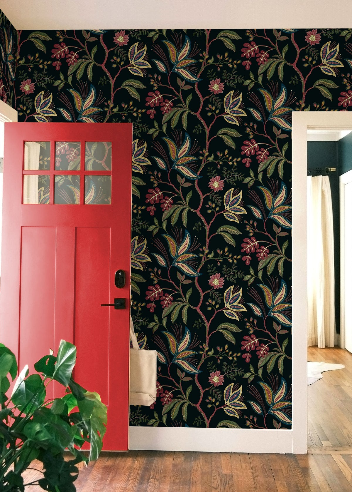 NW57900 Forest Flourish botanical peel and stick wallpaper entryway from NextWall