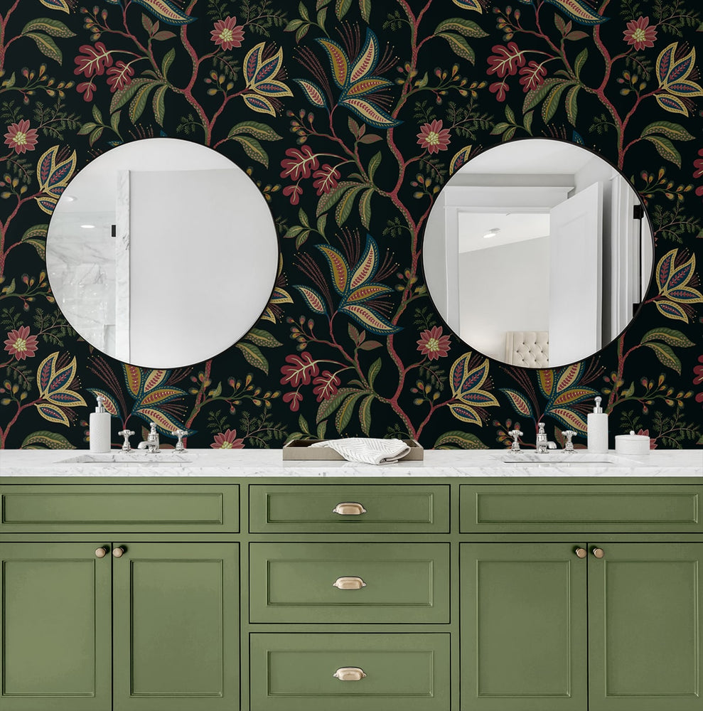 NW57900 Forest Flourish botanical peel and stick wallpaper bathroom from NextWall