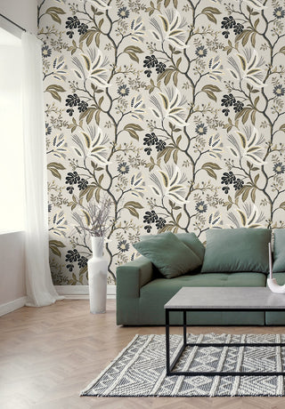 NW57908 Forest Flourish botanical peel and stick wallpaper living room from NextWall