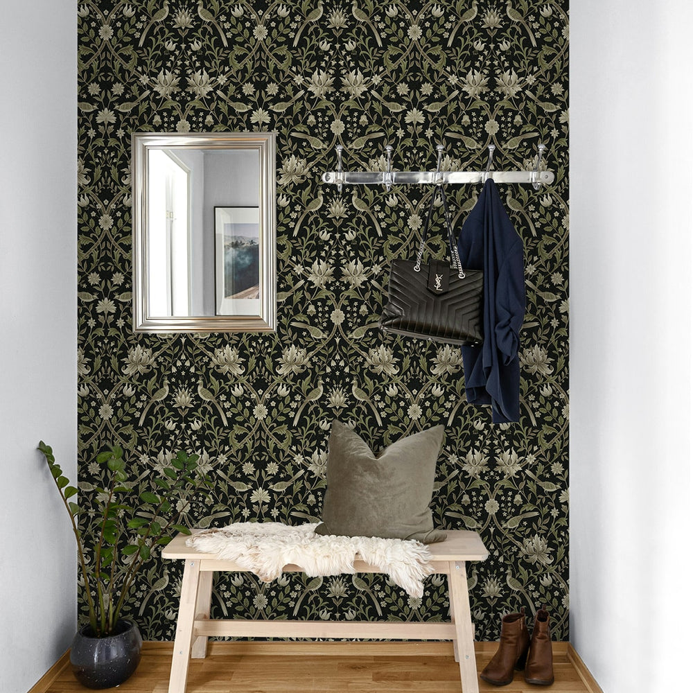 NW58300 vintage bird floral peel and stick wallpaper entryway from NextWall