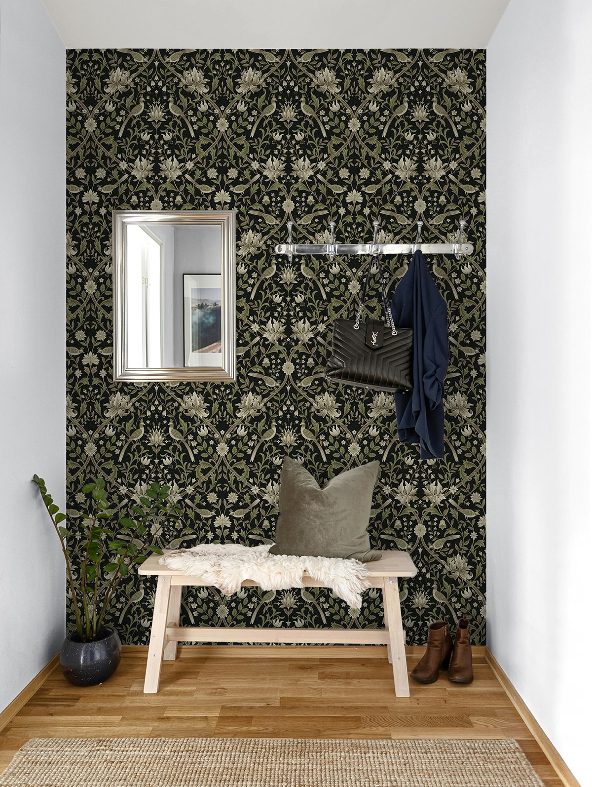 NW58300 vintage bird floral peel and stick wallpaper entryway from NextWall