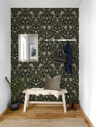 NW58300 vintage bird floral peel and stick wallpaper entryway from NextWall