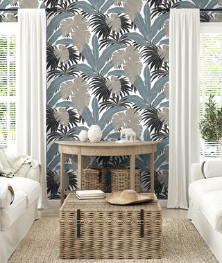 NW58708 tropical leaf peel and stick wallpaper living room from NextWall