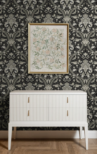 NW59000 acanthus ogee vintage peel and stick wallpaper entryway from NextWall