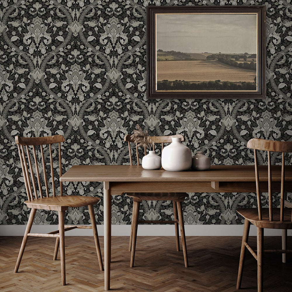 NW59000 acanthus ogee vintage peel and stick wallpaper dining room from NextWall