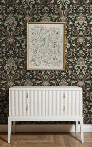 NW59001 acanthus ogee vintage peel and stick wallpaper entryway from NextWall