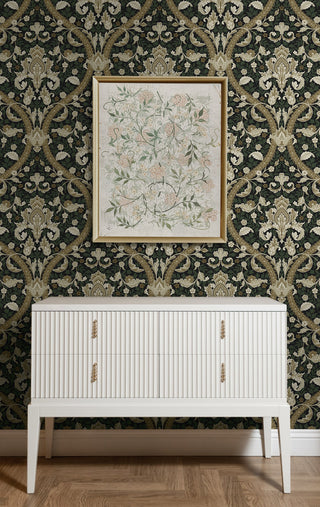 NW59004 acanthus ogee vintage peel and stick wallpaper entryway from NextWall