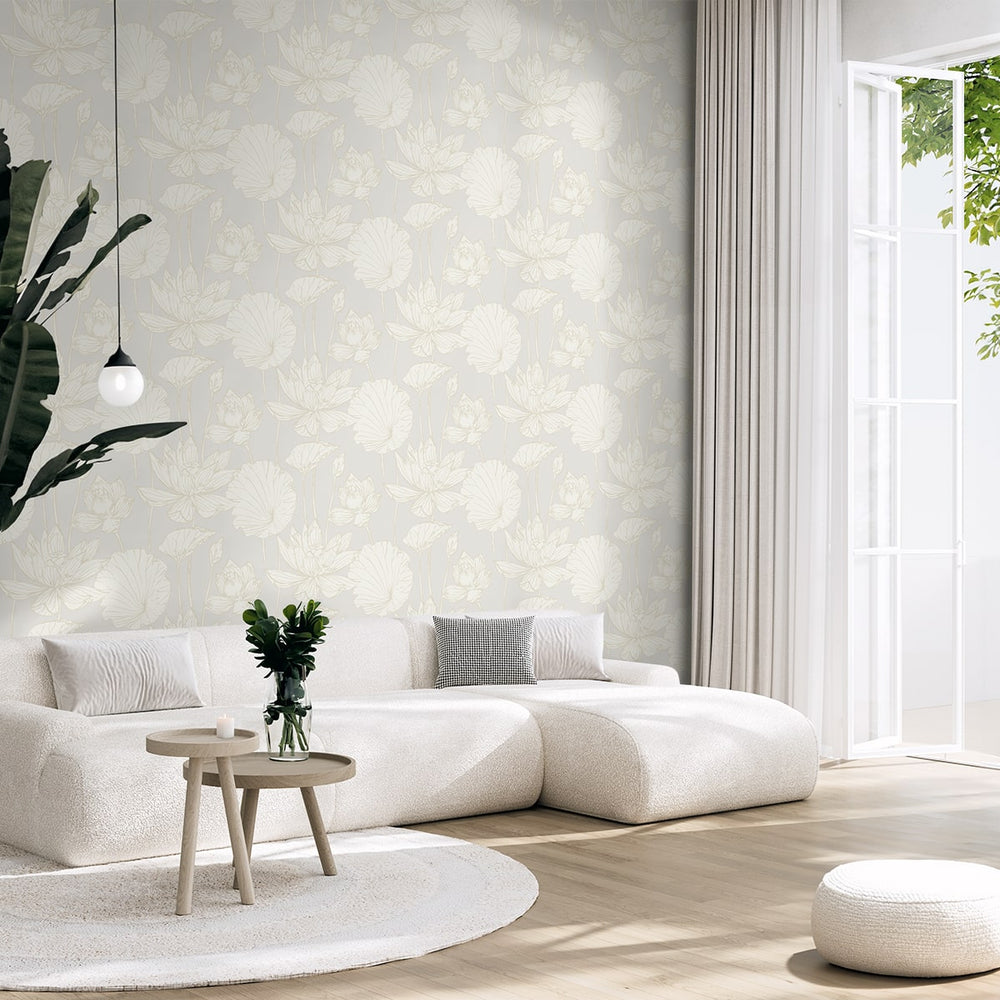 NW59700 lotus floral peel and stick wallpaper living room from NextWall