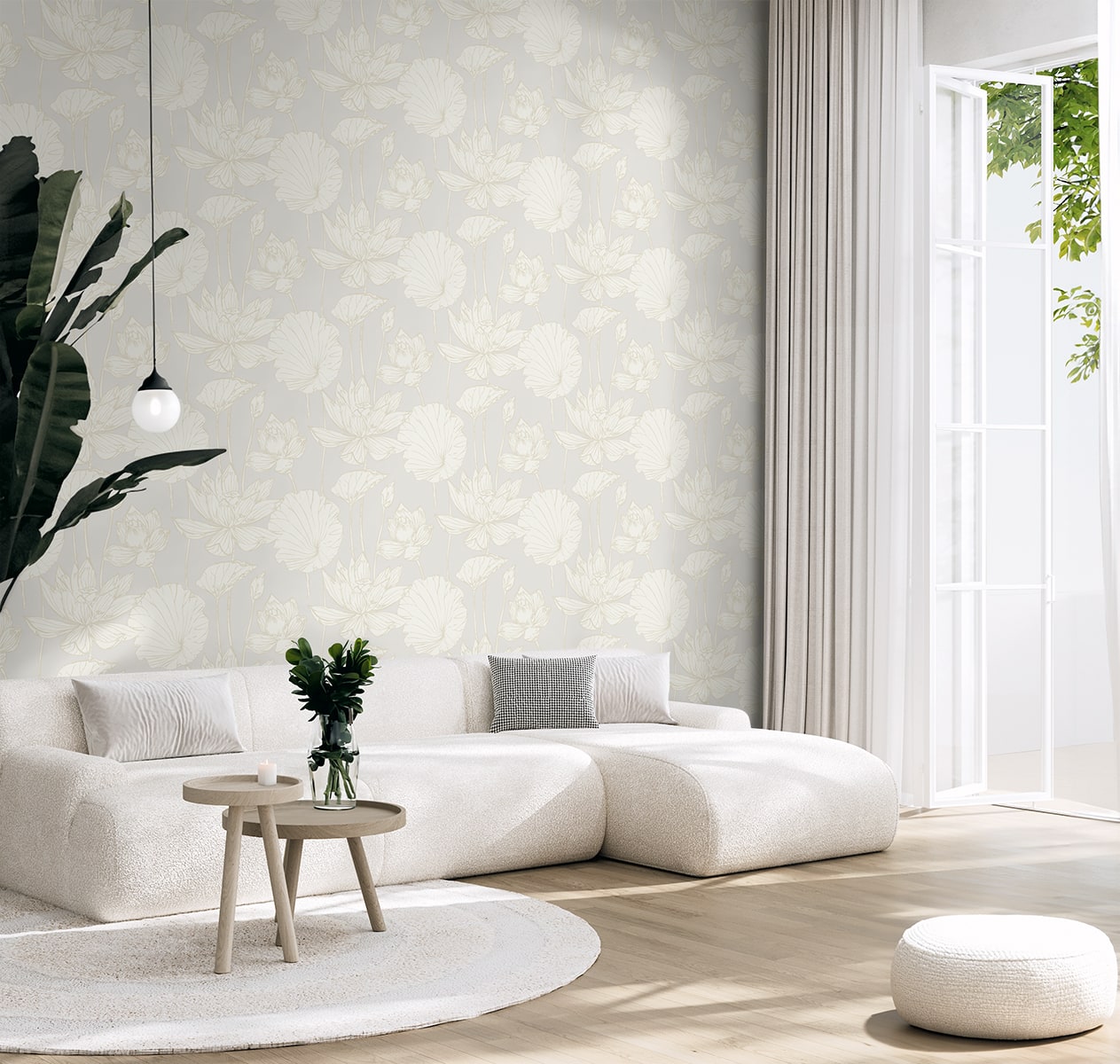 NW59700 lotus floral peel and stick wallpaper living room from NextWall