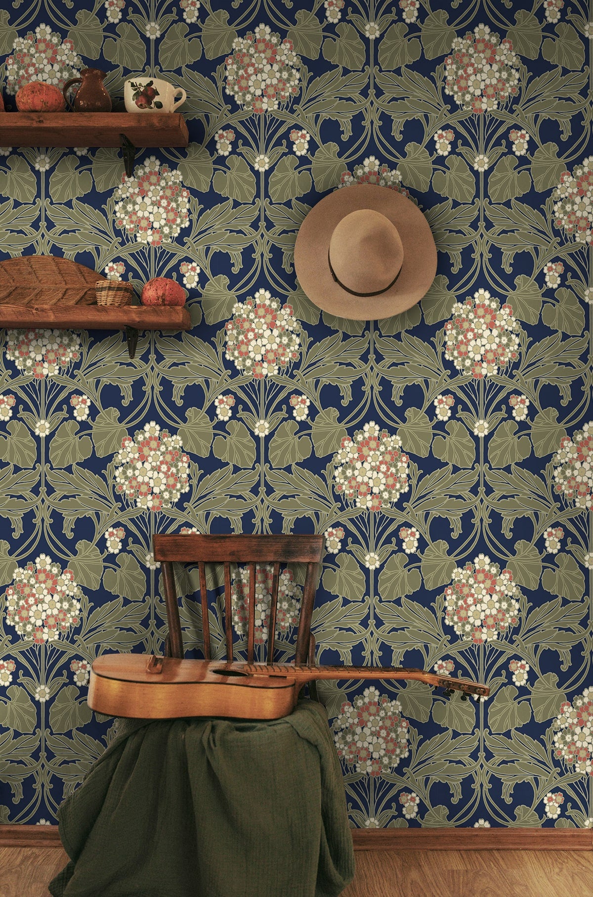 NW60402 Hydrangea Floral Vintage Premium Peel and Stick Removable Wallpaper entryway at Say Decor