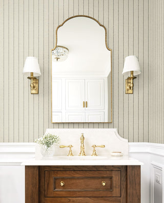 NW60900 Woven Pinstripe Peel and Stick Removable Wallpaper bathroom in shade Charcoal at Say Decor